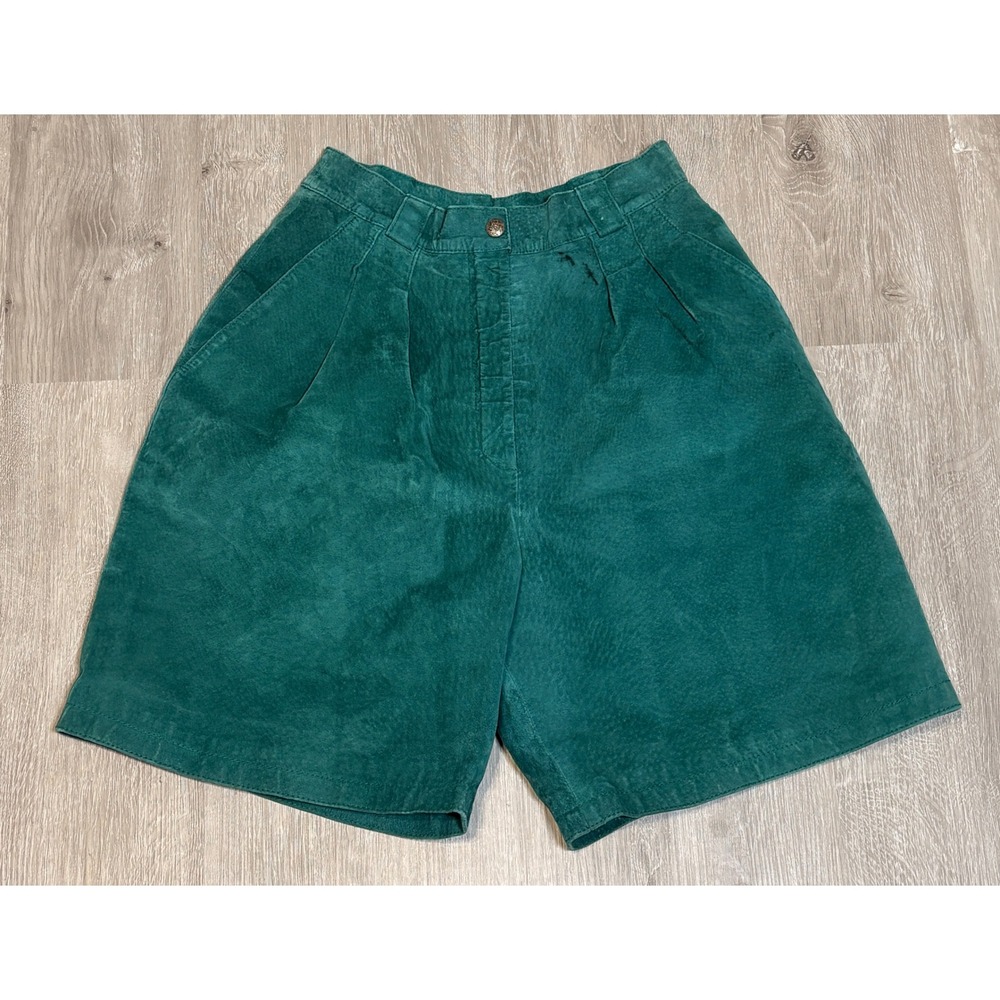Vintage Casual Corner Teal Green Suede Leather High Waisted Pleated Shorts Sz 8